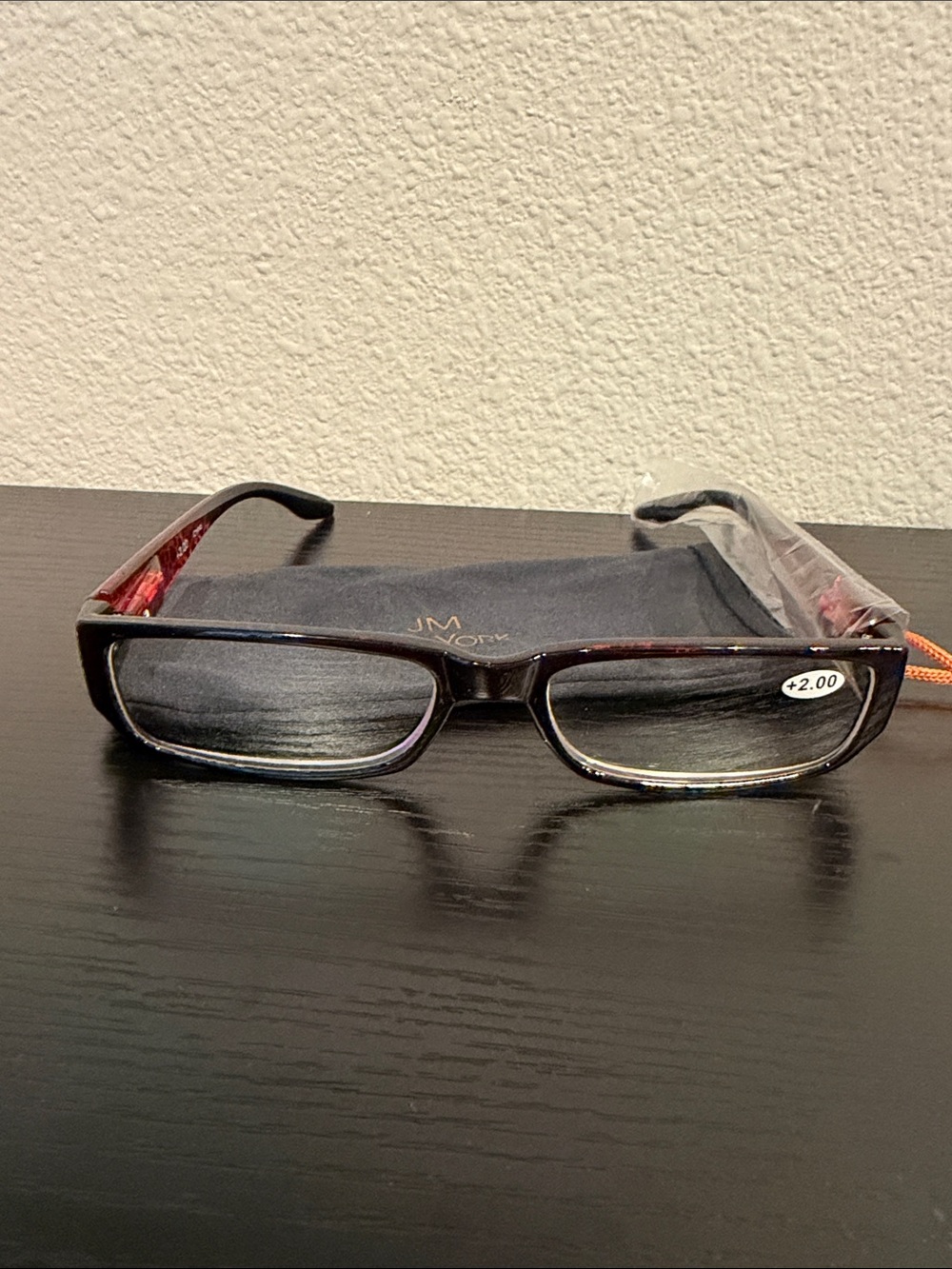 JM York Women’s Reading Glasses – Black with Red Temples, +2.00